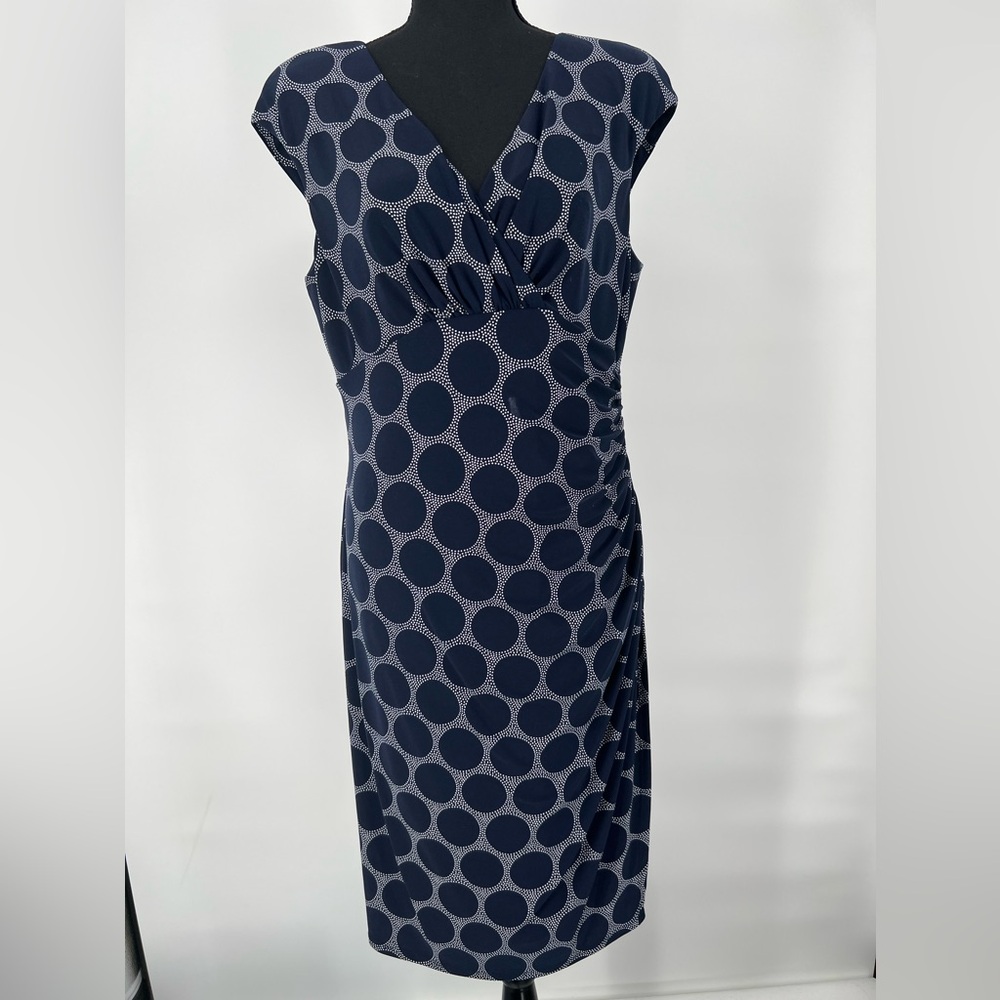 RALPH LAUREN  NAVY & WHITE POLKA DOES DRESS‎ V-NECK & GATHERED AT LEFT WAIST
